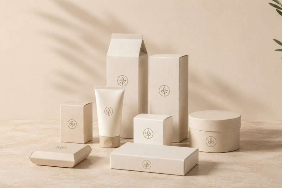 neutral, minimalist packaging with a botanical logo