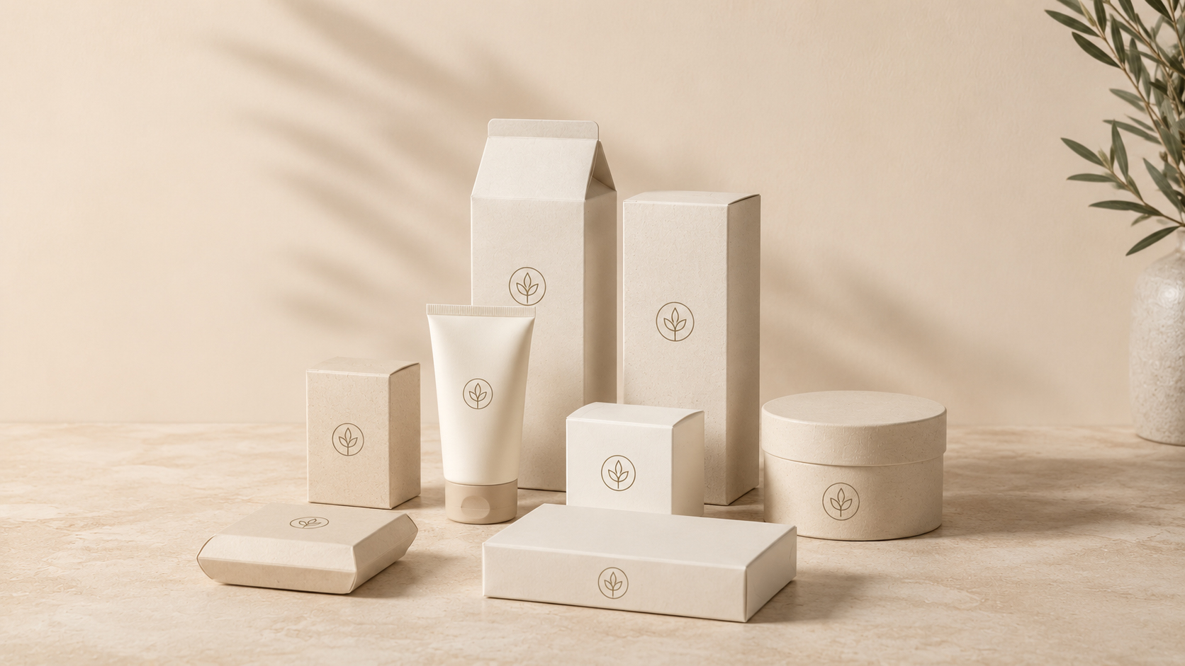 neutral, minimalist packaging with a botanical logo