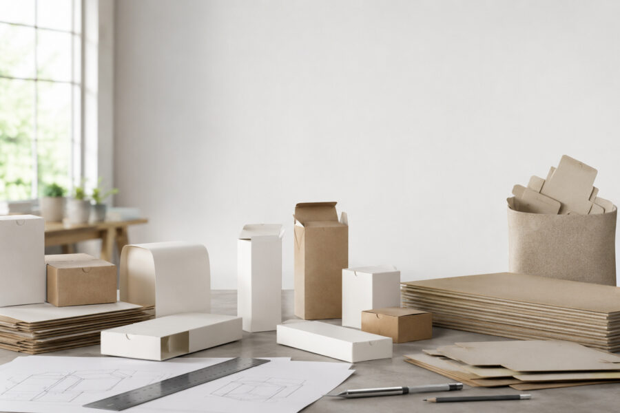 paperboard folding cartons in various states on a flat surface
