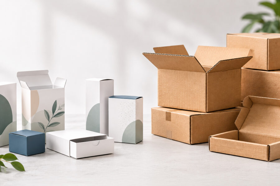 paperboard folding cartons and corrugated cardboard boxes sit side by side